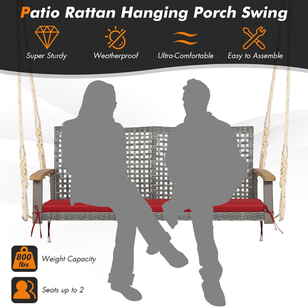 Aimee Lii 2-Person Rattan Hanging Porch Swing Chair, Swing Chair Outdoor, Red Aimee Lii 2-Person Rattan Hanging Porch Swing Chair, Swing Chair Outdoor, Red