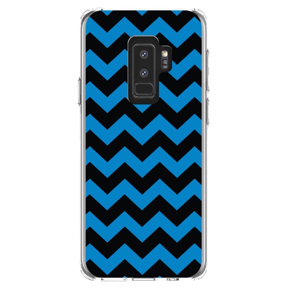 DistinctInk Clear Shockproof Hybrid Case for Samsung Galaxy S9+ PLUS (6.2" Screen) - TPU Bumper, Acrylic Back, Tempered Glass Screen Protector - Black Blue Stripes - Stripes Pattern
