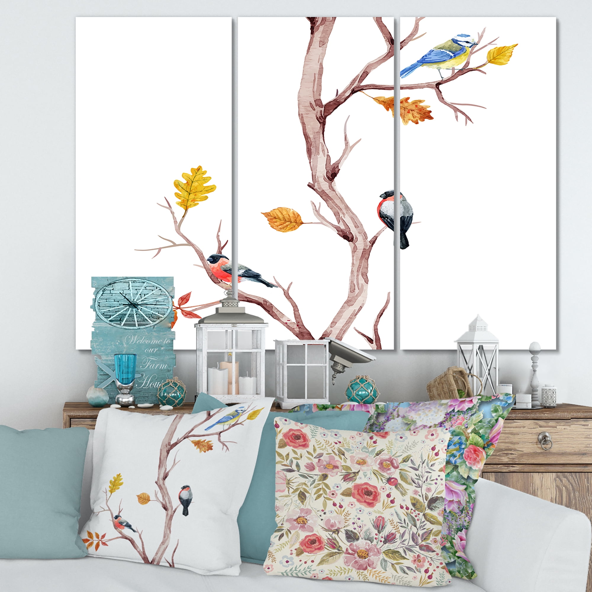 Little Birds Sitting On The Tree Branches IV 28 in x 36 in Painting Canvas Art Print, by Designart