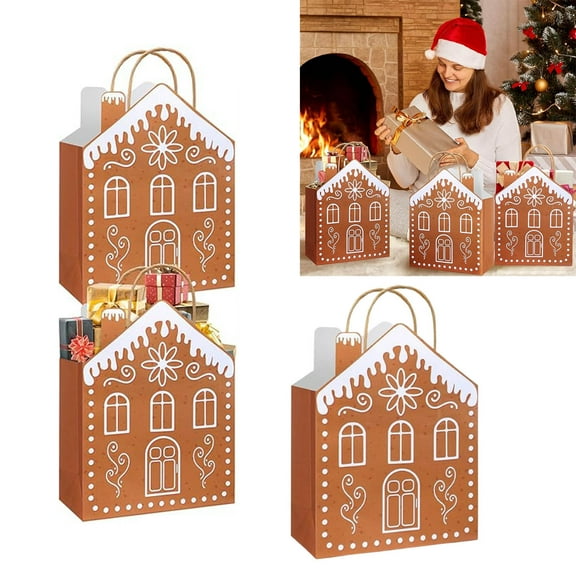 Christmas Gingerbread House Gift Bag with Handle | Festive Paper Candy Treat Packaging | Reusable Durable Sack for Holiday Present Wrapping | Christmas Party Supplies