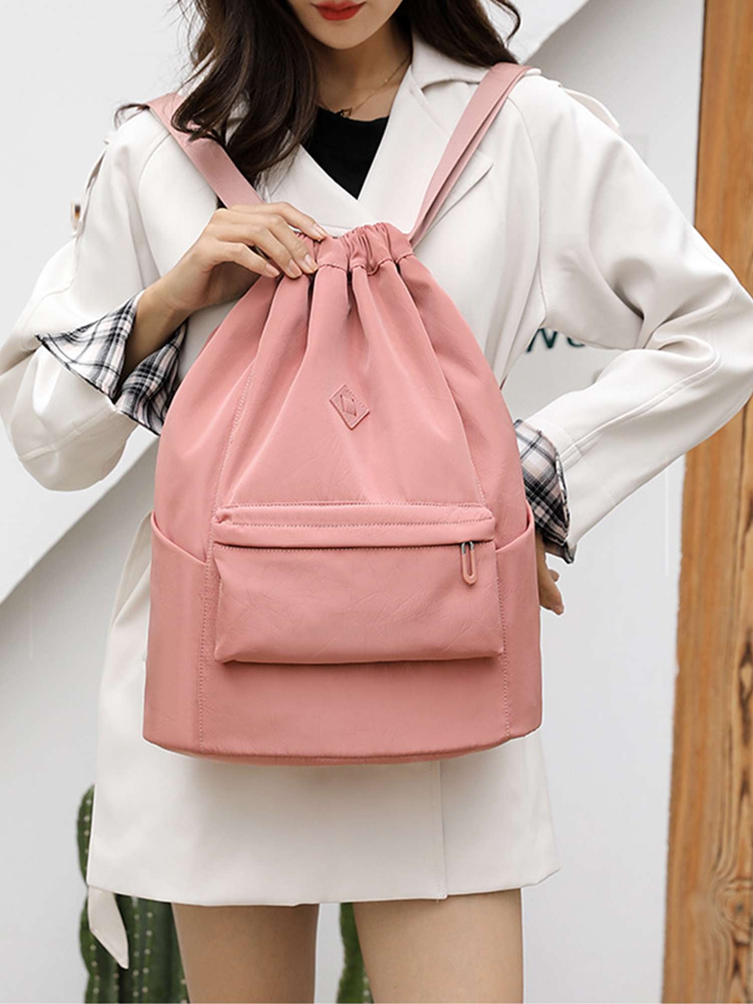 ●ILLIGO● Nylon lace up gym sack cream 5010268123 Deago Nylon Drawstring Backpack Sports Gym Bag for Men Women