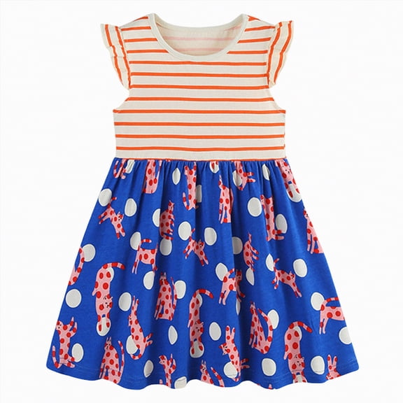 mgoYE Toddler Girl Summer Dress Girl's Casual Cotton Dress Applique Party Dresses Striped Tunic Animal Printed Shirt Clothes 2-7 Years(Blue,6-7 Years)