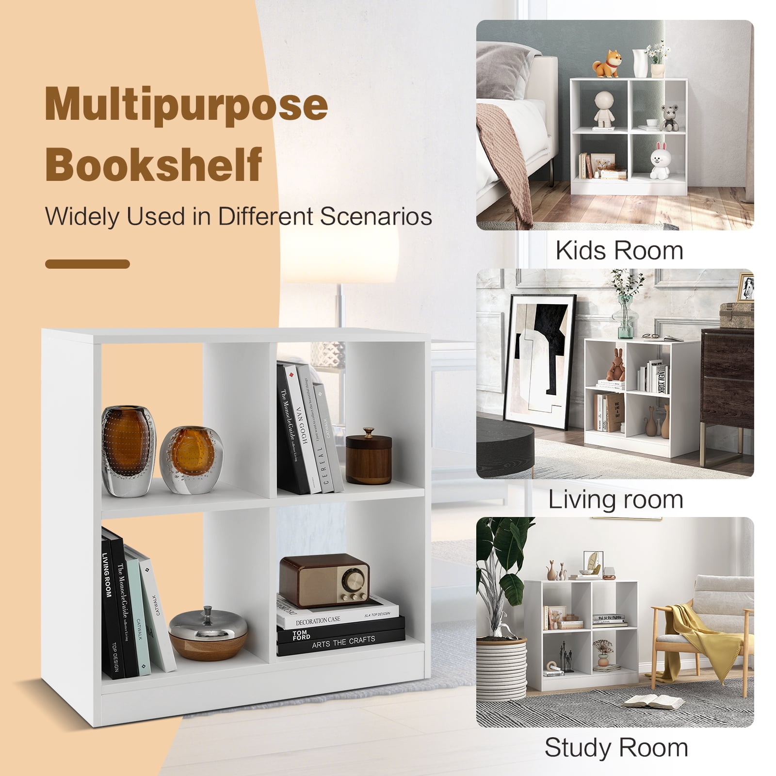 Giantex 4-Cube Bookcase, Freestanding Open Bookshelf, Storage Wooden Display Shelf, White
