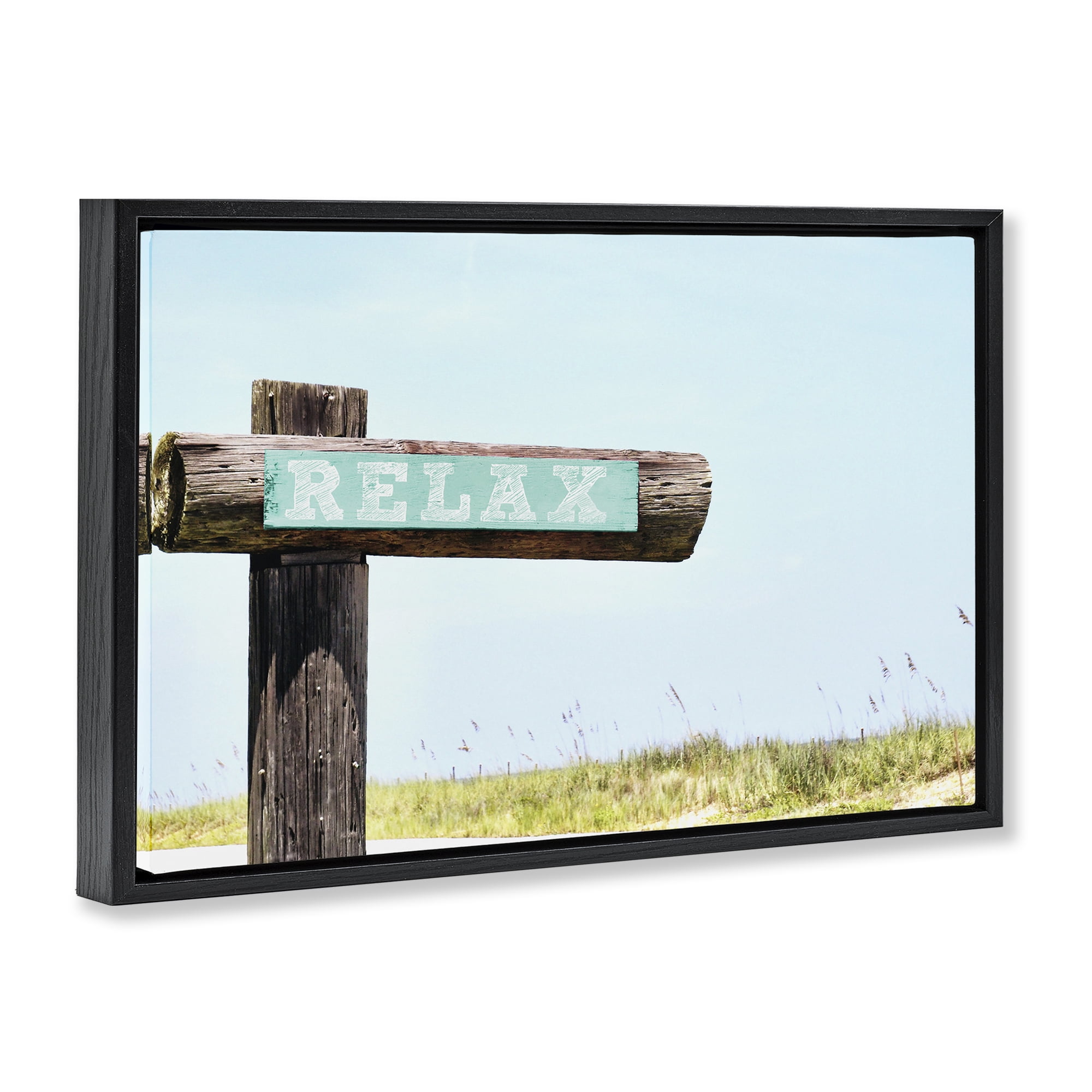 Stupell Industries Relax Sign on Beach Landscape Photography Black Floater Framed Canvas Art Print Wall Art, 25 x 17