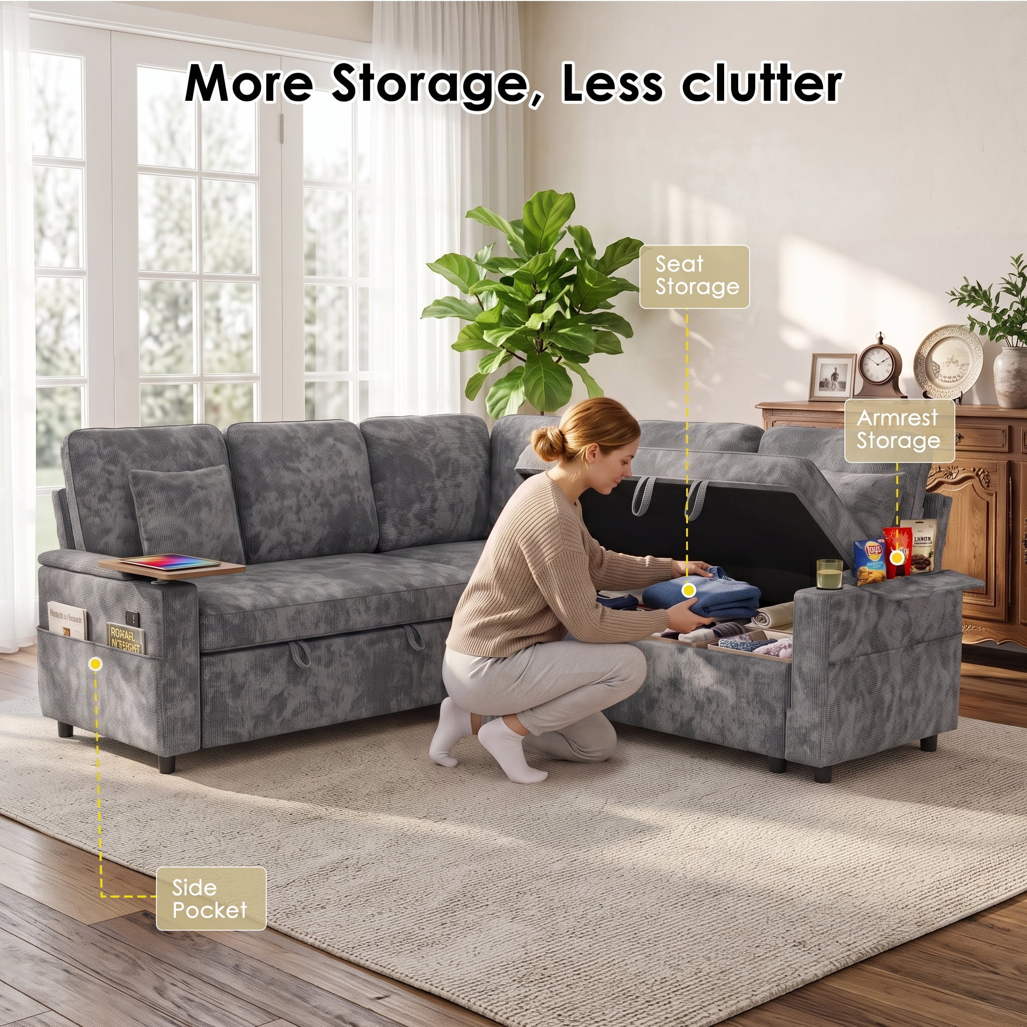 Xiweot 81" Modular Sectional Sleeper Sofa with Pull Out Couch, L Shaped Sofa Bed with Storage, Adjustable Backrest, USB Ports & Small Table, 5 Seaters Chenille Sofa for Living Room (Gray)