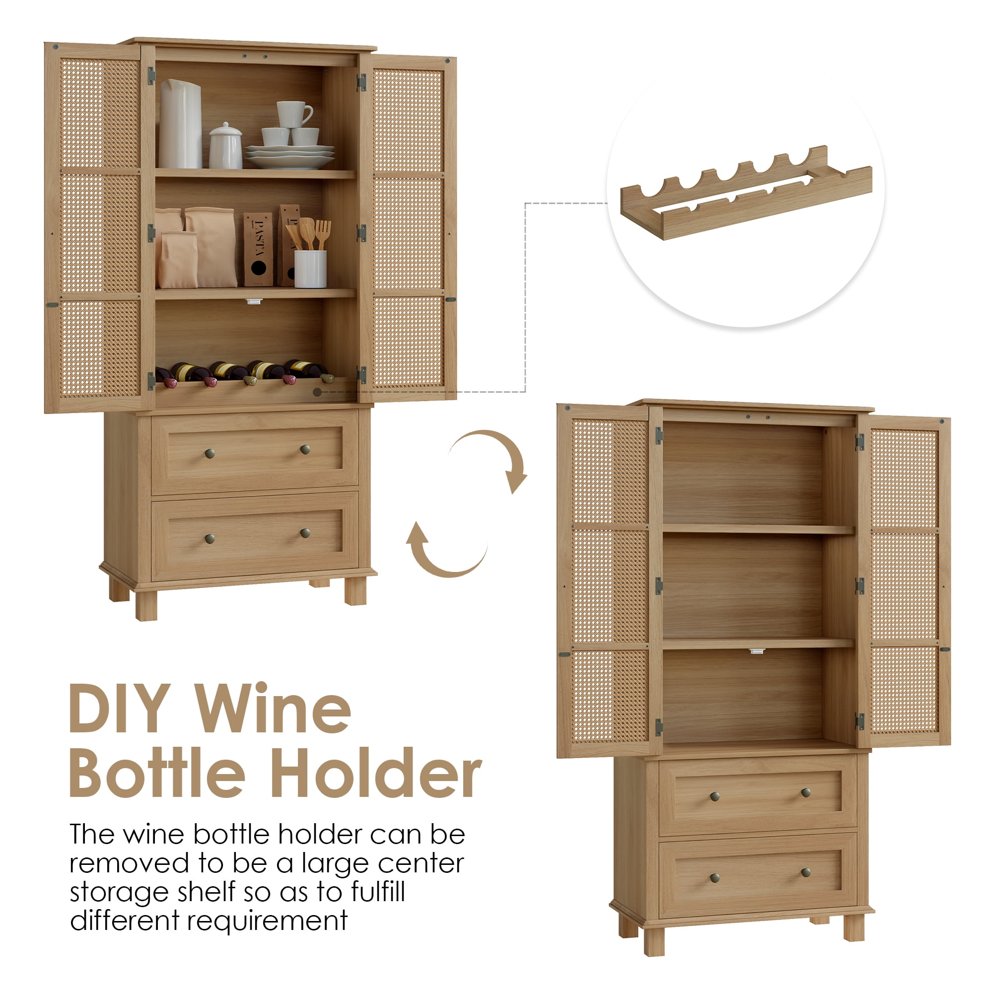 Homfa Rattan Cabinet with Doors, Tall Storage Cabinet with 2 Drawers, Narrow Accent Versatile Cabinet for Living Room, Oak