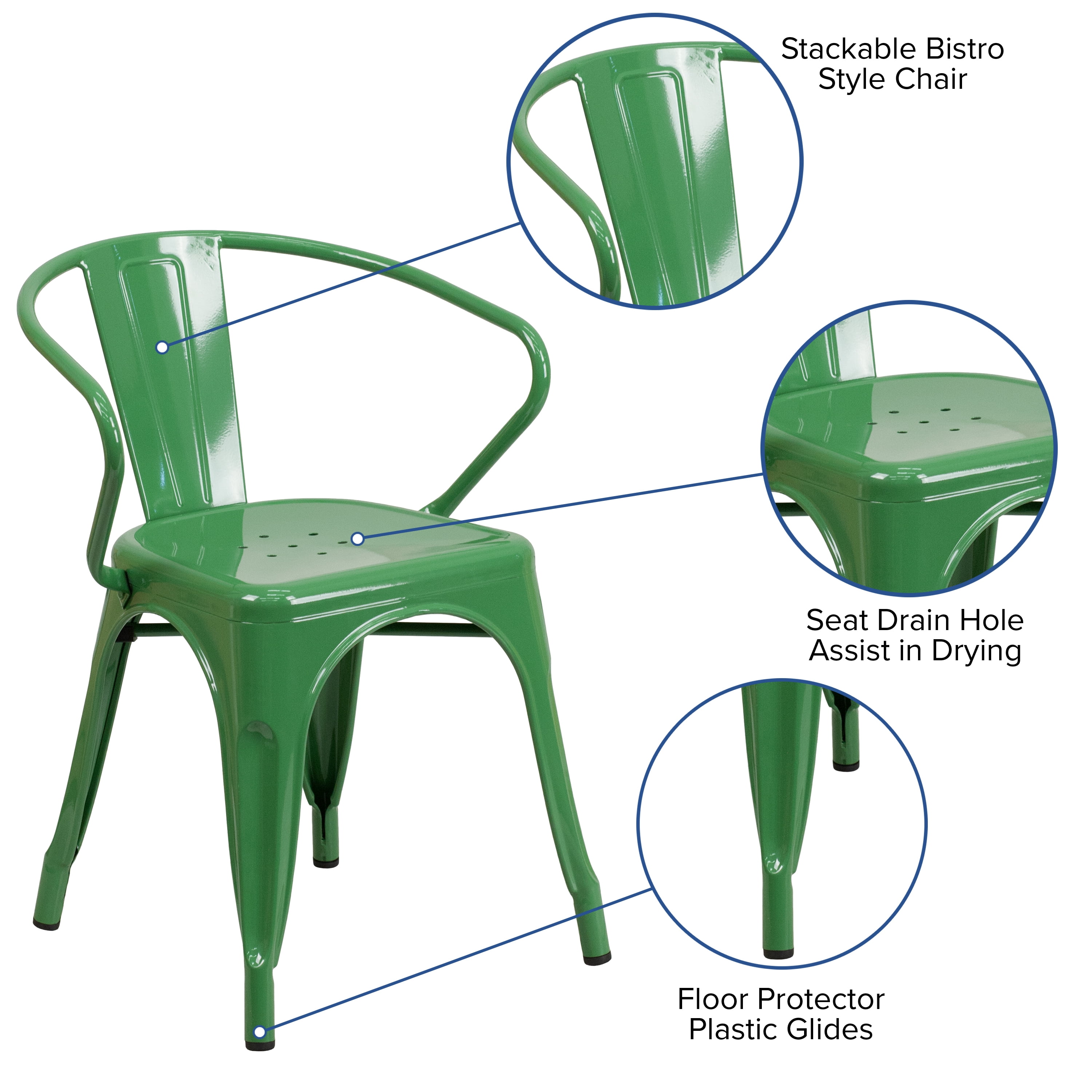 Flash Furniture Commercial Grade Green Metal Indoor-Outdoor Chair with Arms