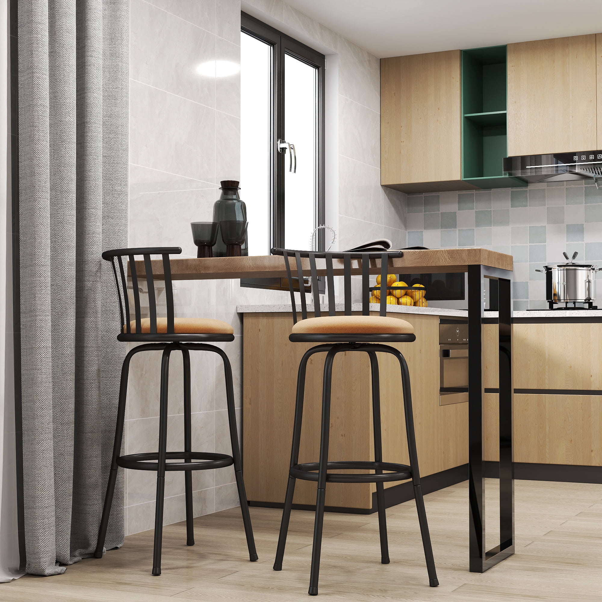Homy Casa 2 Pack Bar Stools Adjustable 24/29 in Swivel with Back,Kitchen Island Chairs, Brown