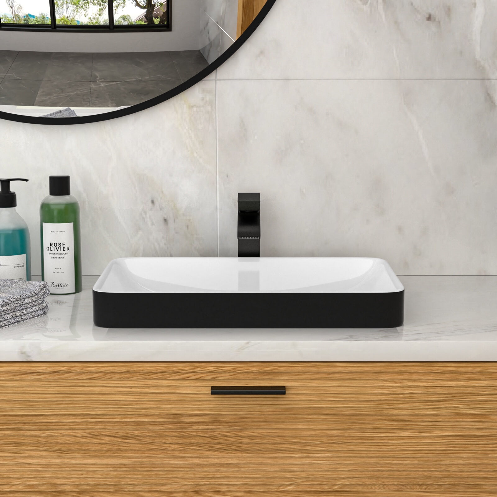 Vanity With Sink, 19"x12" White & Black Semi-Recessed Ceramic Bathroom Sink - Countertop Vessel Design, White+Black Bathroom Vanity,Ceramic Single Sink Vanity, Bath & Faucets Bathroom Vanities