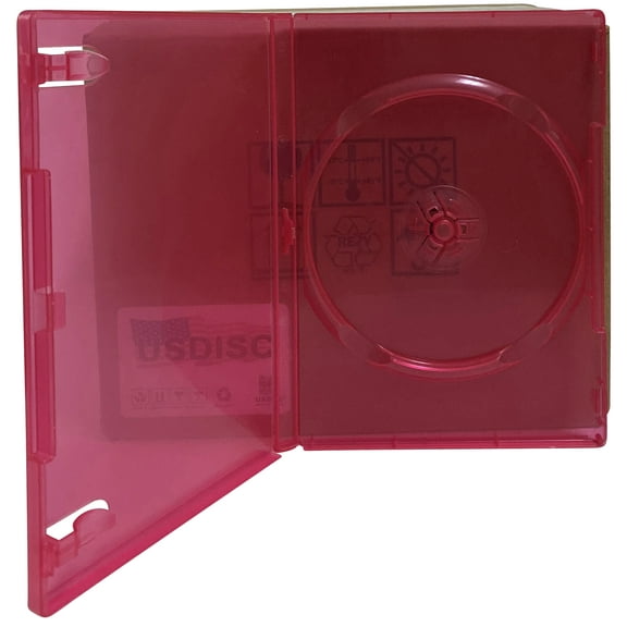 USDISC DVD Cases Standard 14mm Premium, Single 1 Disc, Clear Red, Pack Of 25