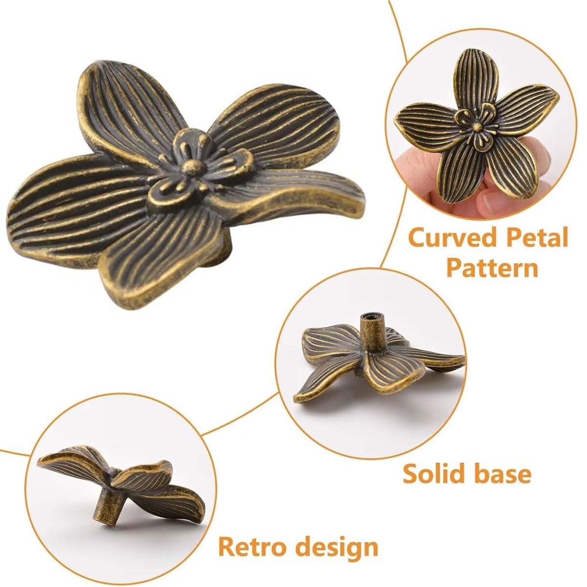 HDJNal Antique Flower Shaped Cabinet Knobs, Vintage Kitchen Shabby Chic Zinc Alloy White Drawer Pull Handles for Dresser Vanity Nightstand Cupboard Wardrobe, 10 Pack (Bronze)