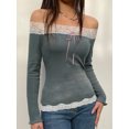 thumbnail image 5 of KelaJuan Women Fitted Crop Tops Lace Patchwork Off-Shoulder Long Sleeve Shirt Casual Pullovers for Streetwear Aesthetic Clothes, 5 of 6