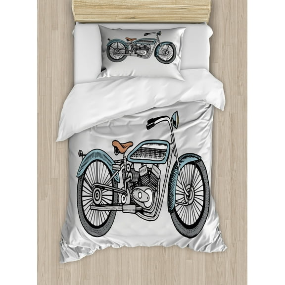 Motorcycle Duvet Cover Set Twin Size, Off Road Bike Motocross Racer Theme Transportation Rider Culture, Decorative 2 Piece Bedding Set with 1 Pillow Sham, Pale Blue Grey and Black, by Ambesonne