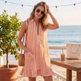 thumbnail image 4 of Women's Vertical Striped Dress, Casual Sleeveless Zip-up V Neck Mini Dress, Ruffle Hem Shift Summer Sundress with Pockets, 4 of 7