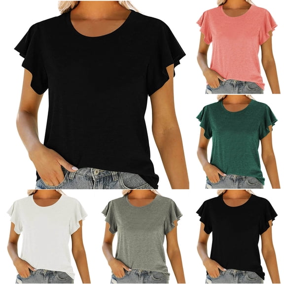 Hrsba Womens Blouses Elegant Floral Print Solid Color Crew Neck Ruffle Short Sleeve T Shirts Ladies Summer Tops