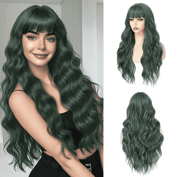 Morovan Long Green Wavy Wig With Bangs for Women 26 Inch Curly Wavy Wig With Bangs Natural Looking Synthetic Heat Resistant Fiber Wig for Daily Party Use