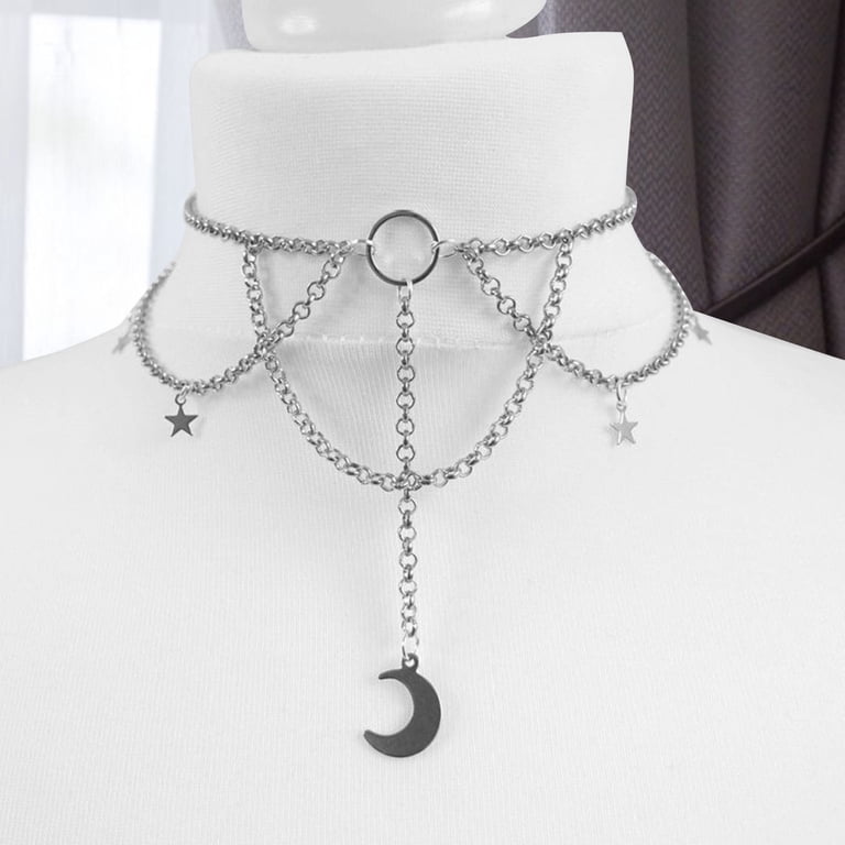 Sacina Layered Crescent Moon & Star Choker Necklace - Gothic Punk Silver-tone Emo Jewelry Gift For Women