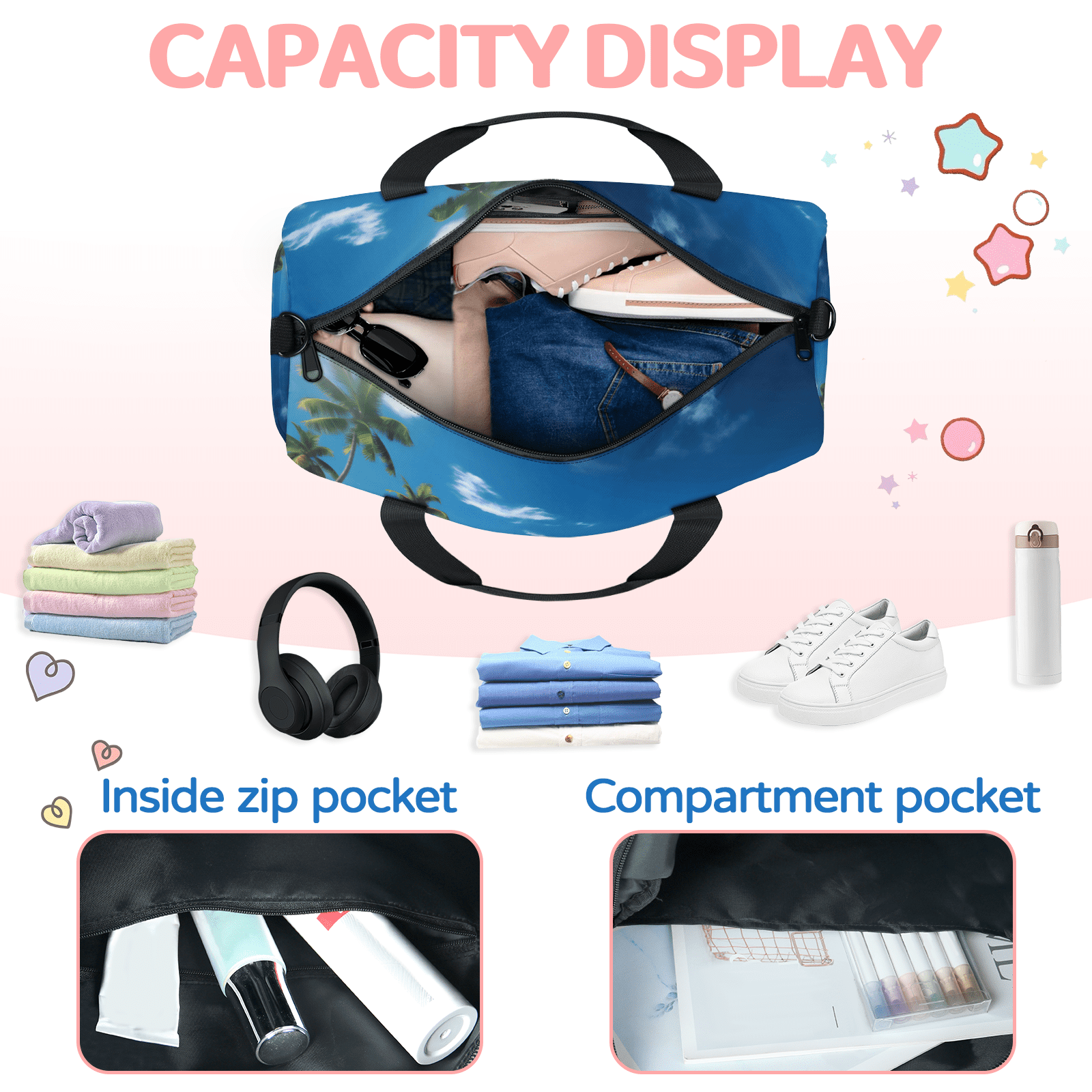 Herdesigns Beach Ocean Landscape Travel Duffle Bag Sports Yoga Weekender Overnight Carry on Workout Bags Lightweight Waterproof Gym Tote Bag for Women