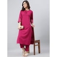 thumbnail image 1 of Janasya Indian Keyhole Neck 3/4 Sleeve Solid Magenta Poly Crepe Kurta With Pant For Women, 1 of 6