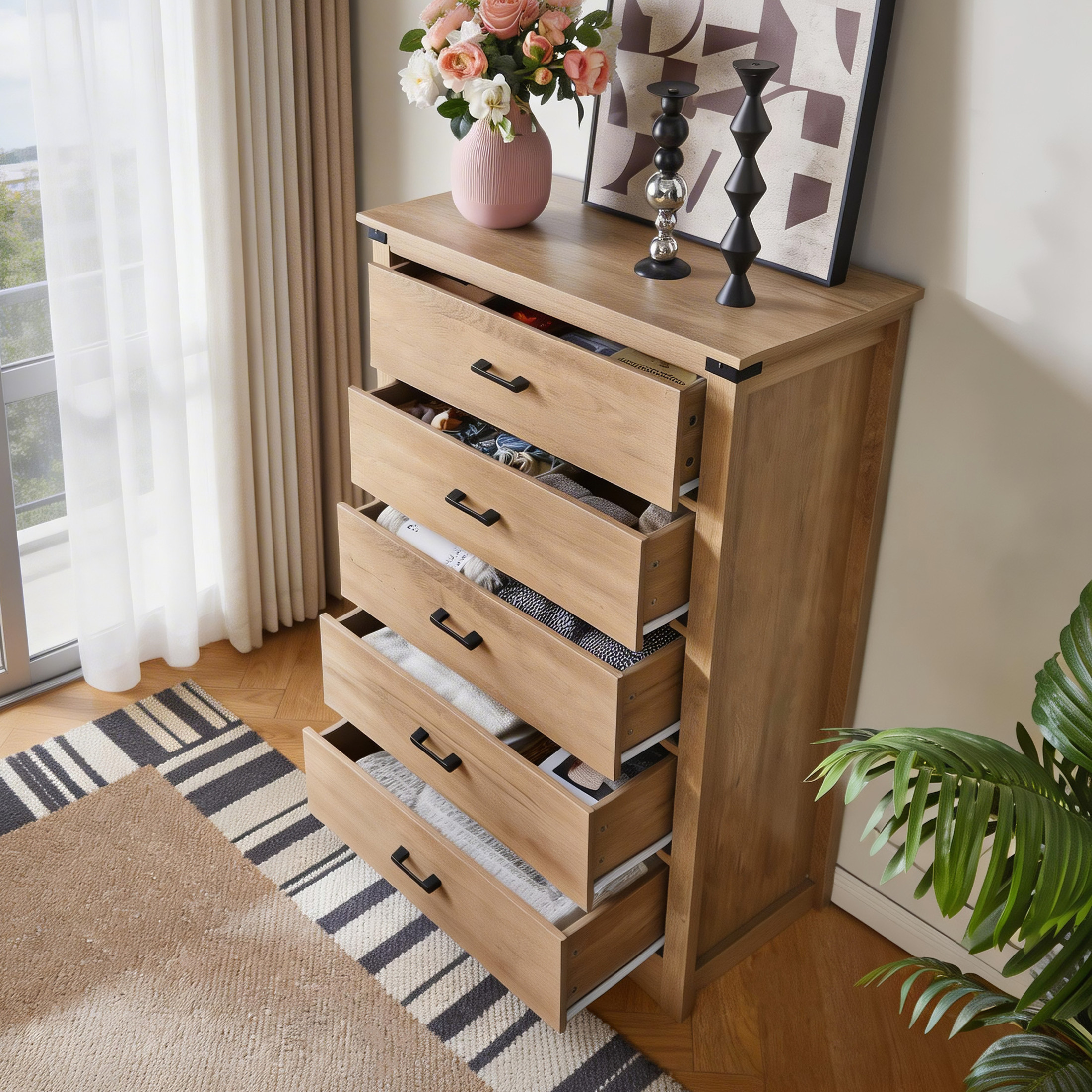 Noble House Farmhouse 5-Drawer Storage Dresser, Wood Chest for Bedroom, Living Room or Hallway, Oak