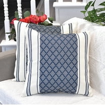 Cotton Woven Designer Throw Pillow Cover, Navy Blue / Cream White, 16 x 16 inches | Square Cushion Covers Set of 2