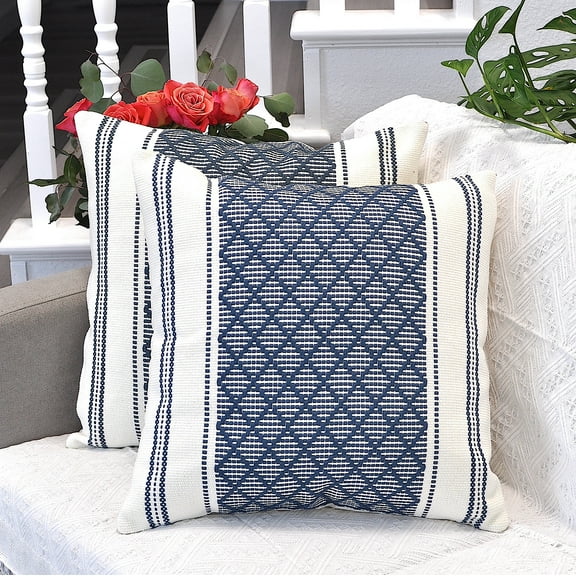 Cotton Woven Designer Throw Pillow Cover, Navy Blue / Cream White, 16 x 16 inches | Square Cushion Covers Set of 2