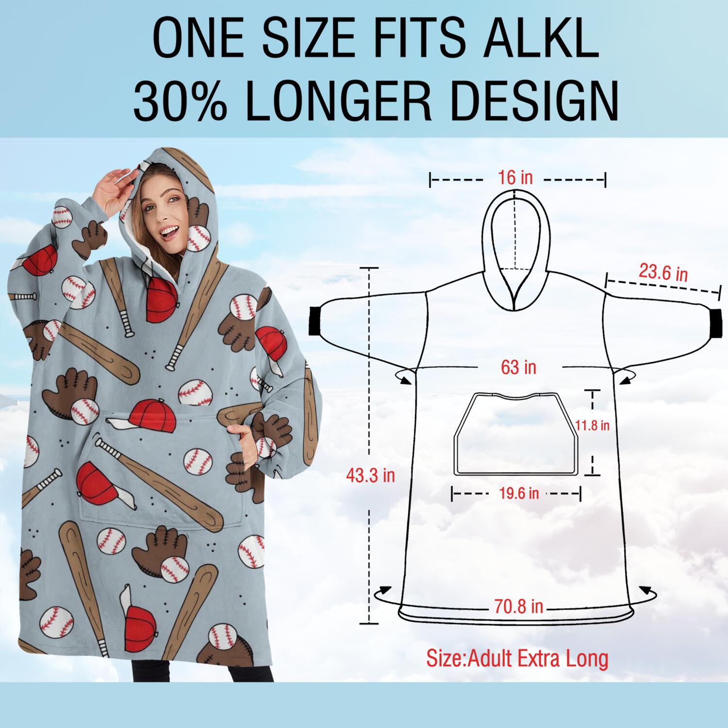 Oversized Wearable Blanket Hoodie,Blue Baseball Gear Pattern Sherpa Blanket Hoodie with Super Pockets,Super Warm Fuzzy Pullover for Women & Men