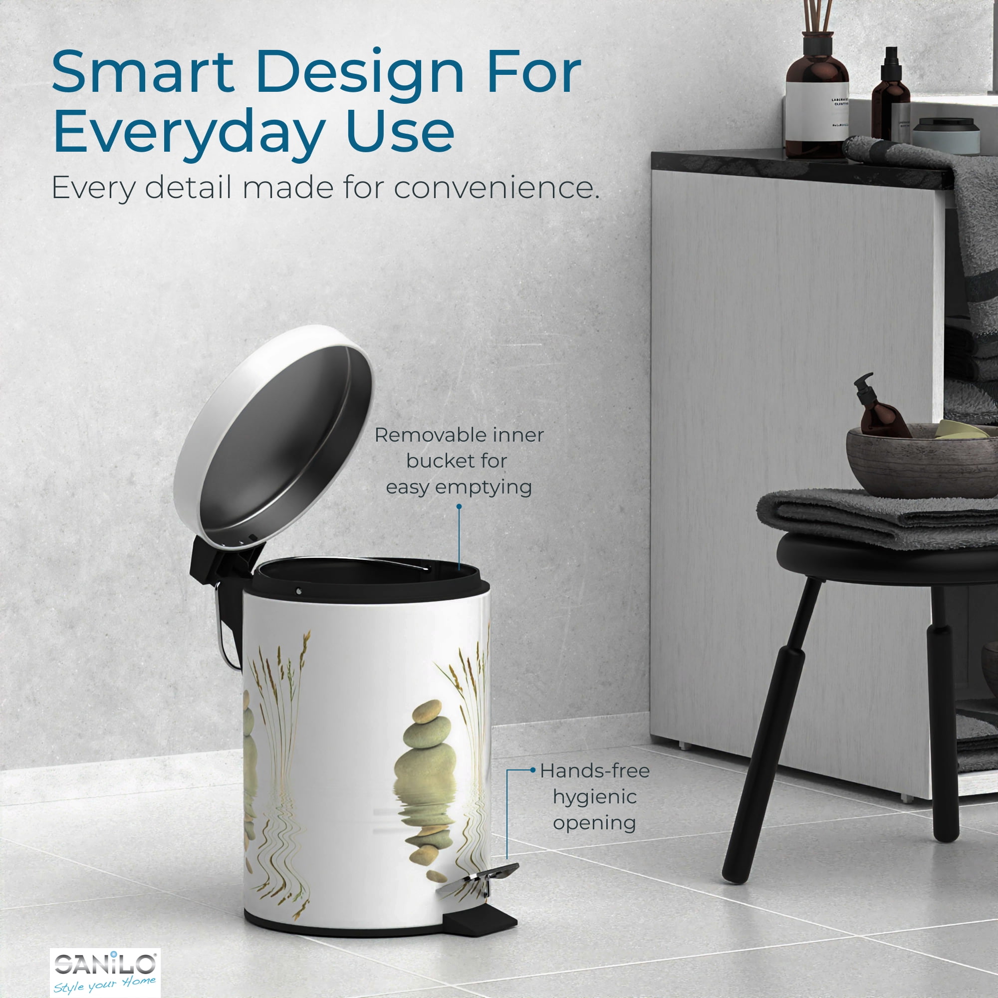 Sanilo Trash Can 1.3 Gallon with Soft Close, Many New Cosmetic and Kitchen Waste Bins Available, Bathroom Bin with Inner Bucket (Balance)