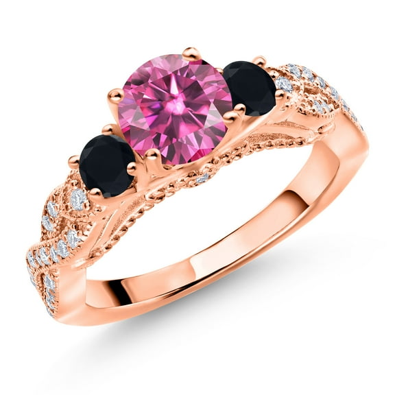 Gem Stone King 18K Rose Gold Plated Silver Pink Moissanite Black Onyx and White Moissanite Engagement Ring for Women (1.27 Cttw, Gemstone, Round 6MM and 3MM, Size 9)