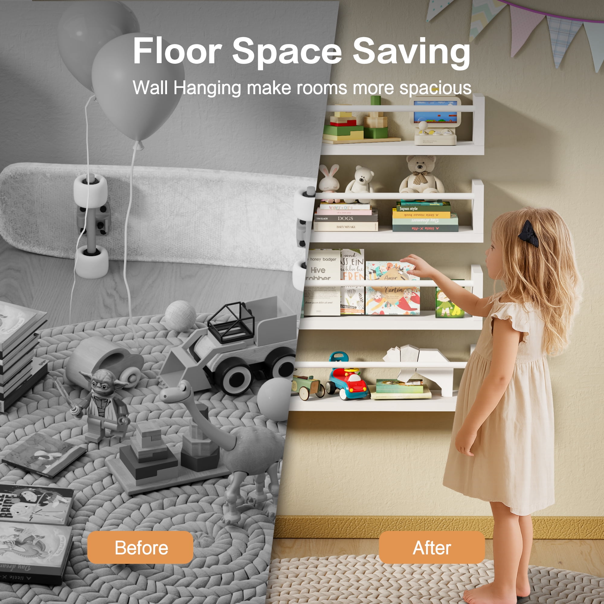 VUSIGN 4-Tier Wall Kids Bookshelf, 16.5” Floating Nursery Book Shelves for Kids Room Toddler Bedroom Furniture Toy Storage