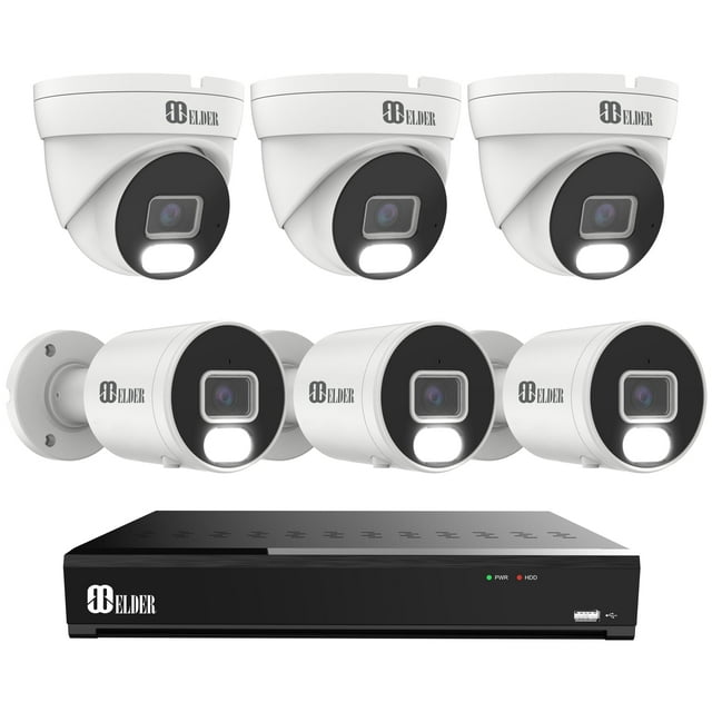 Security Camera System 4K 8MP, 8Ch NVR PoE 6-Camera Outdoor 2TB Color Night Vision, Person & Vehicle Detection Smart Home Surveillance Wired DIY, Elder Hunter Series