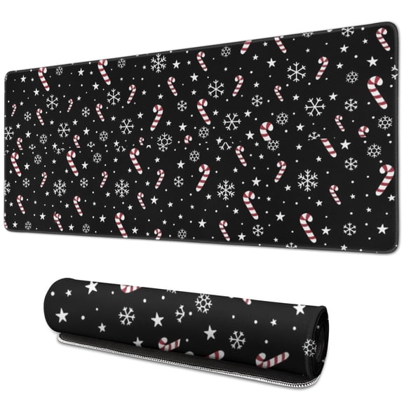 Long Mouse Pads for Desk,Black Christmas Candy Cane and Snowflake Desk Mats on Top Of Desks, Desk Mouse Pad Extra Large with 3mm Non-Slip Base and Stitched Edge for Gaming,Work,Home 31.5x11.8in