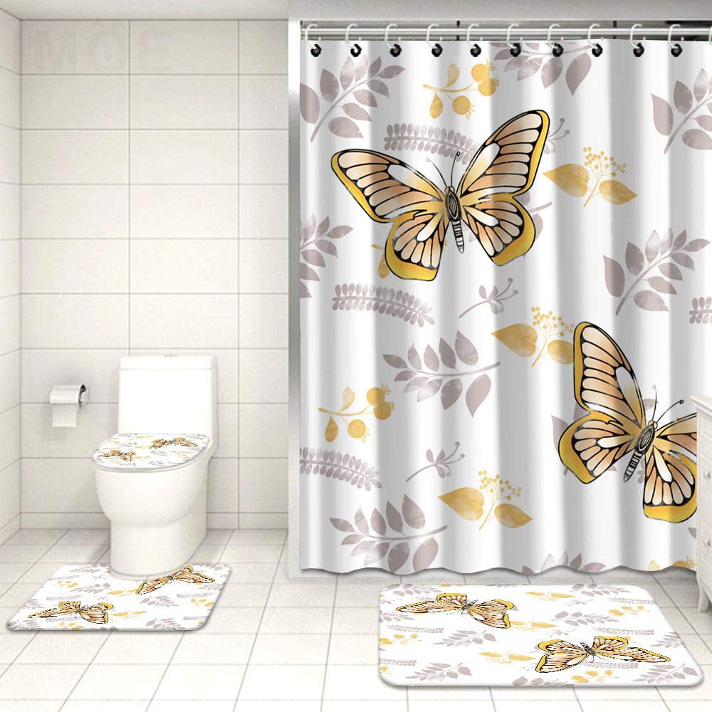 Butterfly Shoe Waterproof Fabric Shower Curtain Liner Bathroom Mat Set Hooks 