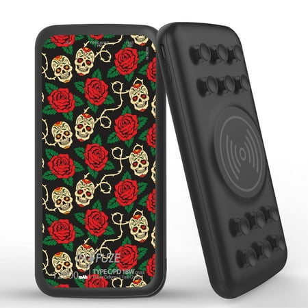 

INFUZE Qi Wireless Portable Charger for Samsung Galaxy A52 5G External Battery (12000 mAh 18W Power Delivery USB-C/USB-A 3.0 Ports Suction Cups) with Touch Tool - Skull Roses