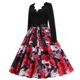 thumbnail image 3 of QLEICOM Halloween Costumes, Vintage V Neck 1950s Housewife Evening Party Prom Dress for Women, Retro Swing Cocktail Party Dress, Halloween Skull Print Long Sleeve Slim Dress F XL, 3 of 4