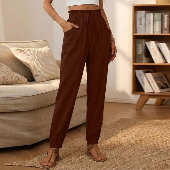 Women's Summer Cotton Linen Pants Loose Fits Drawstring Elastic Waist Tapered Leg Pant Womens Casual Solid Plus Size Relaxed Lightweight Breathable Linen Pant