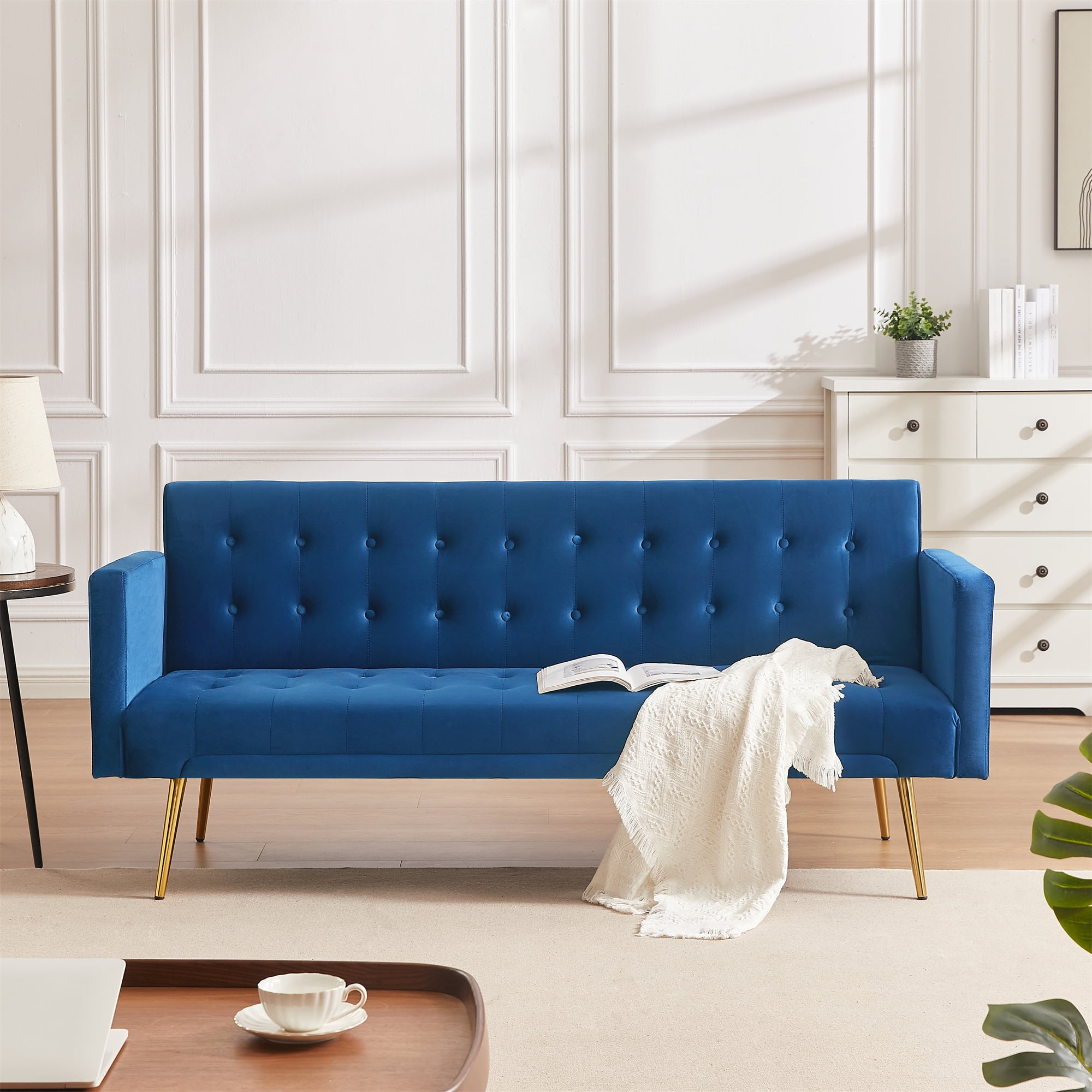 Bianlte Modern Velvet Futon Sofa Bed,Convertible Sleeper Sofa Couch with 3 Adjustable Couch Loveseat with Metal Leg for Living Room and Bedroom,Blue
