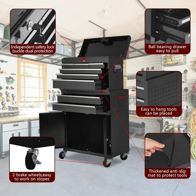 BeesClover Coffre à Outils, Coffre à Outils Robuste à 8 Tiroirs sur Roulettes avec Boîte à Outils Détachable Armoire de Rangement en Acier Tiroirs Coulissants Roues Verrouillables pour l'Organisation des Outils de Garage Atelier Mécanicien Noir