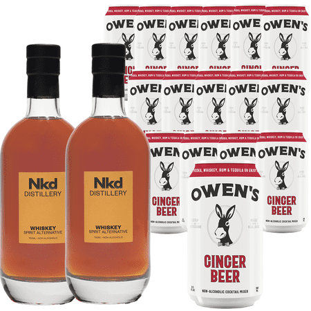 Nkd Distillery Whiskey Alternative Premium Non-Alcoholic Spirit 750 ML Bottles w Owen’s Mixers Ginger Beer 8.2 OZ Cans - Perfect for Mocktails - A