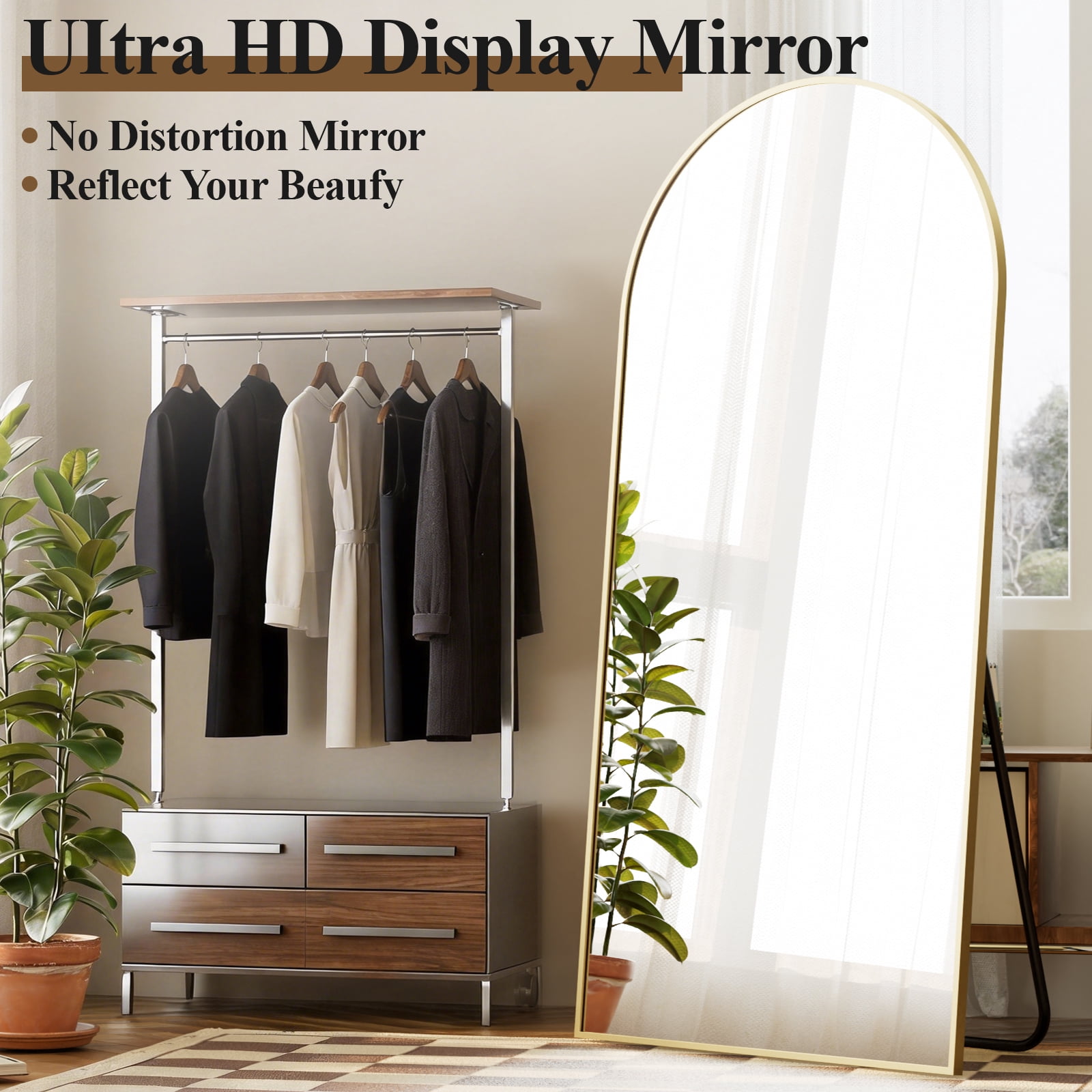 AUROMIR 71"x30" Arched Full Length Mirror Floor Mirror, Gold