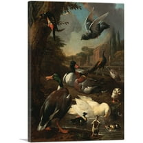 ARTCANVAS A Peacock, Pigeon, Ducks And Other Birds In a Garden Setting Canvas Art Print by Melchior d-Hondecoeter - Size: 18" x 12" (0.75" Deep)