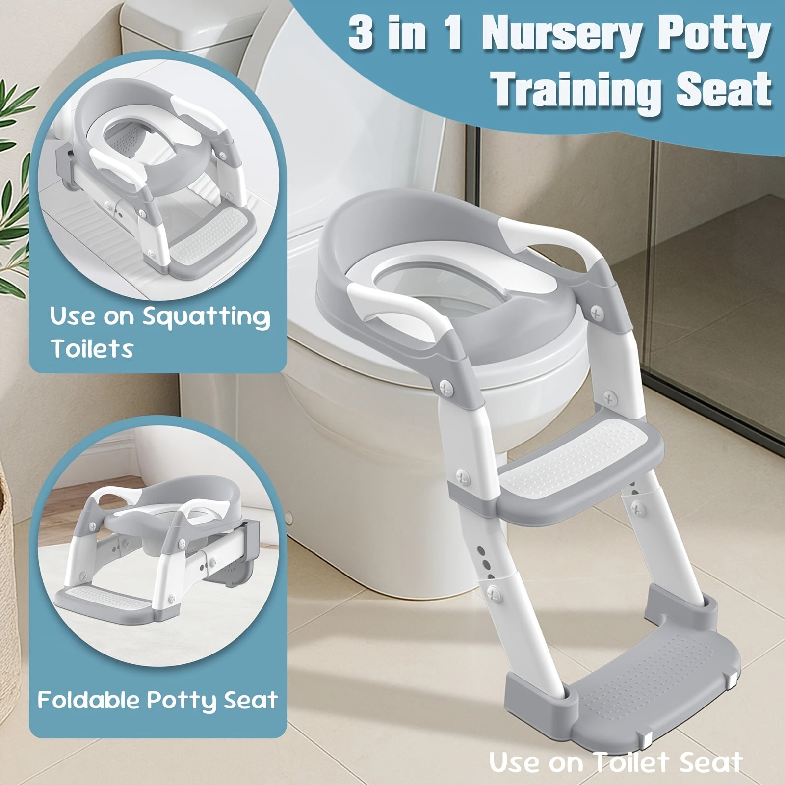 3In1 Potty Training seat with Steps Foldable Toilet Trainer Adjustable Height Soft Cushion Safe And Comfortable for Kids And Toddlers Essential Items Items