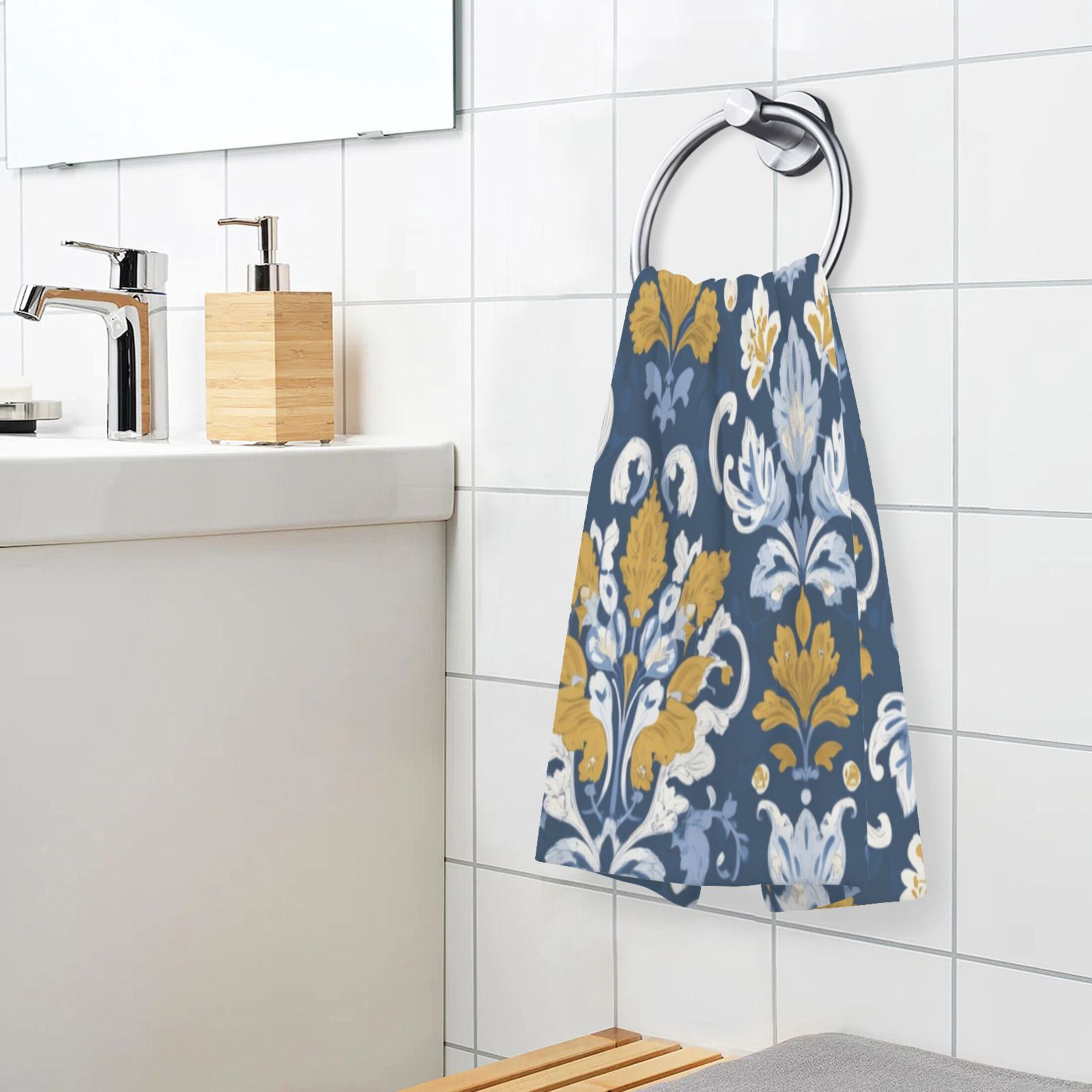 2 Pieces of Cotton Towel Face Towel Set Hand Towel Bath Towel Cotton Bath Towel Sets Navy Damask Golden Florals