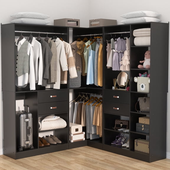 Homieasy 71'' - 110'' W Closet System with Wooden Drawers and Hanging Rods, Black