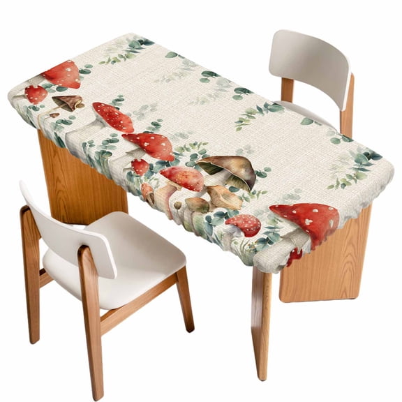 Red Mushrooms Table Cloths for 6 Foot Rectangle Tables, Eucalyptus Leaves Summer Botanical Rustic Patio Waterproof Elastic Fitted Tablecloths, Washable Rectangular Table Cover for Camping
