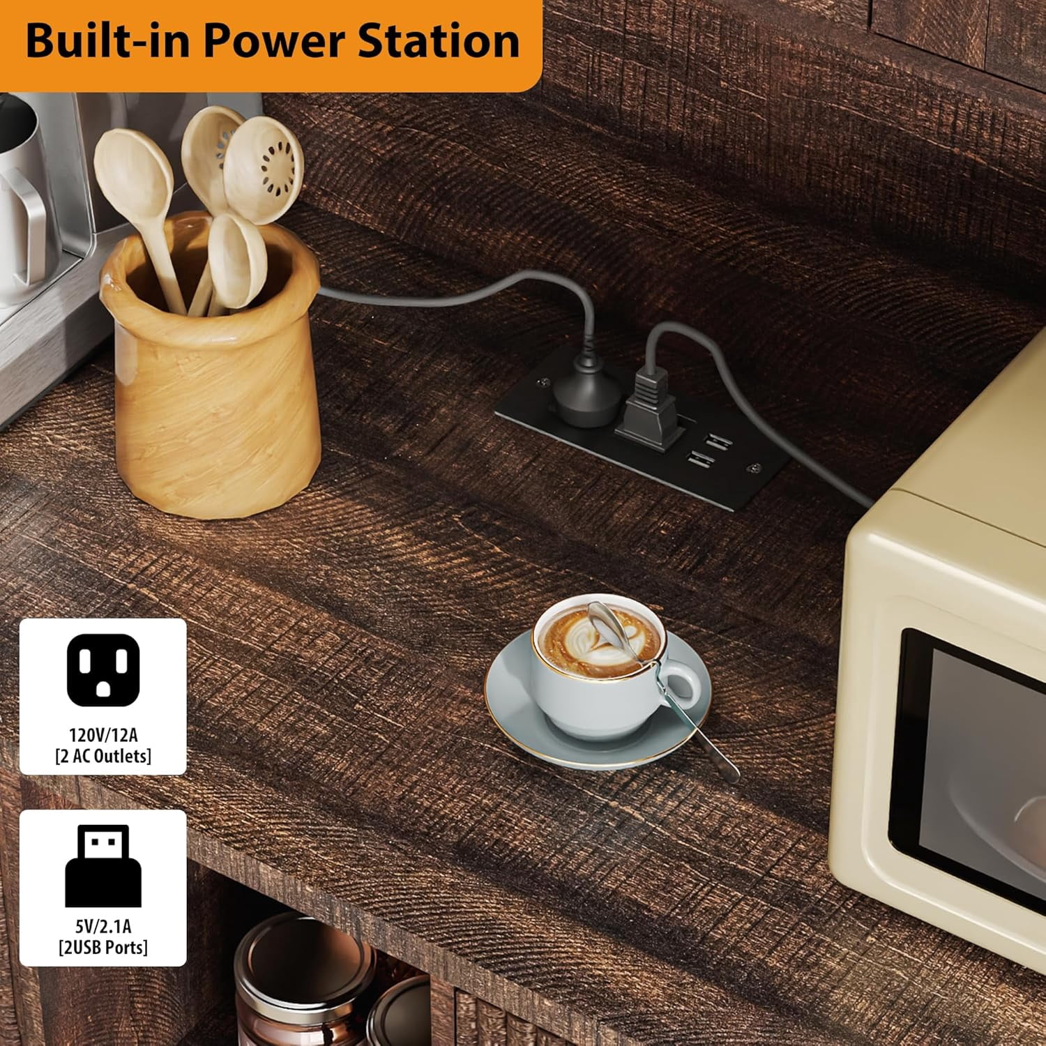 Blotout 47" Wide Kitchen Pantry Storage Cabinet with Charging Station & Microwave Stand, Tall Fluted Kitchen Hutch Cabinet, Double Tilt Out Trash Can Cabinet 10X2 Gallon