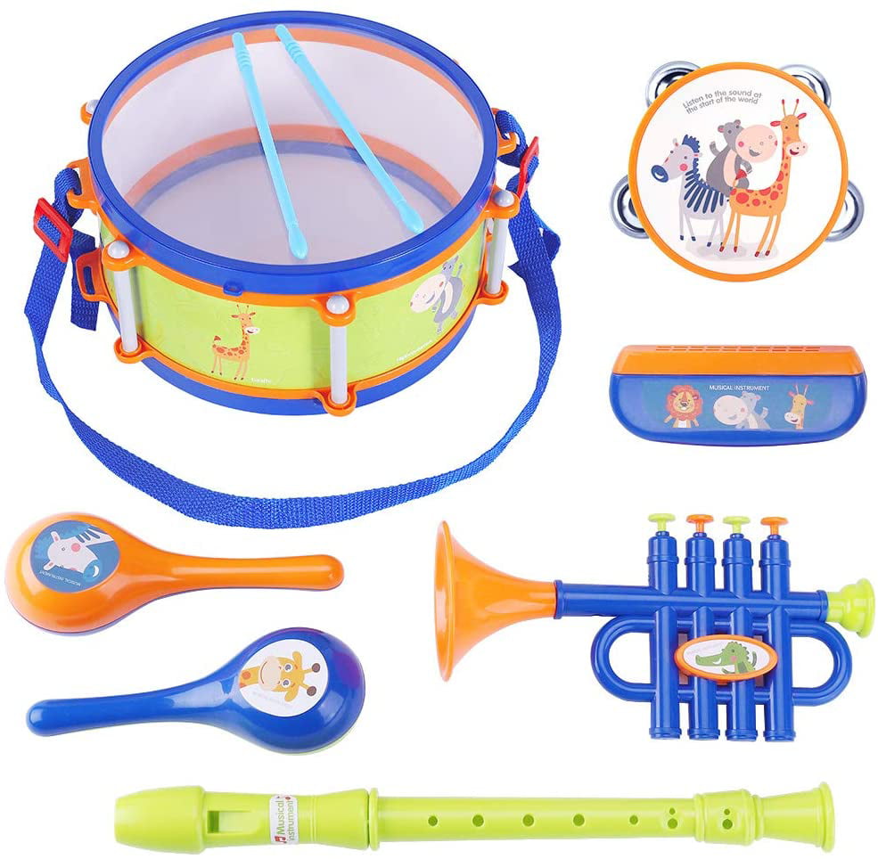 Flute Percussion Aomola Toddler Musical Instrument Toys Rattle Maraca Educational Musical Toys Kit Harmonica Learning Gift for Boys Girls Trumpet Kids Drum Set Tambourine 