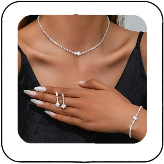Silver Wedding Jewellery Set, Sparkling Rhinestone Necklace, Earrings and Bracelet, Bridal Jewellery Set for Women, Elegant Jewellery Set Silver, Chain Rhinestone Bridal Jewellery