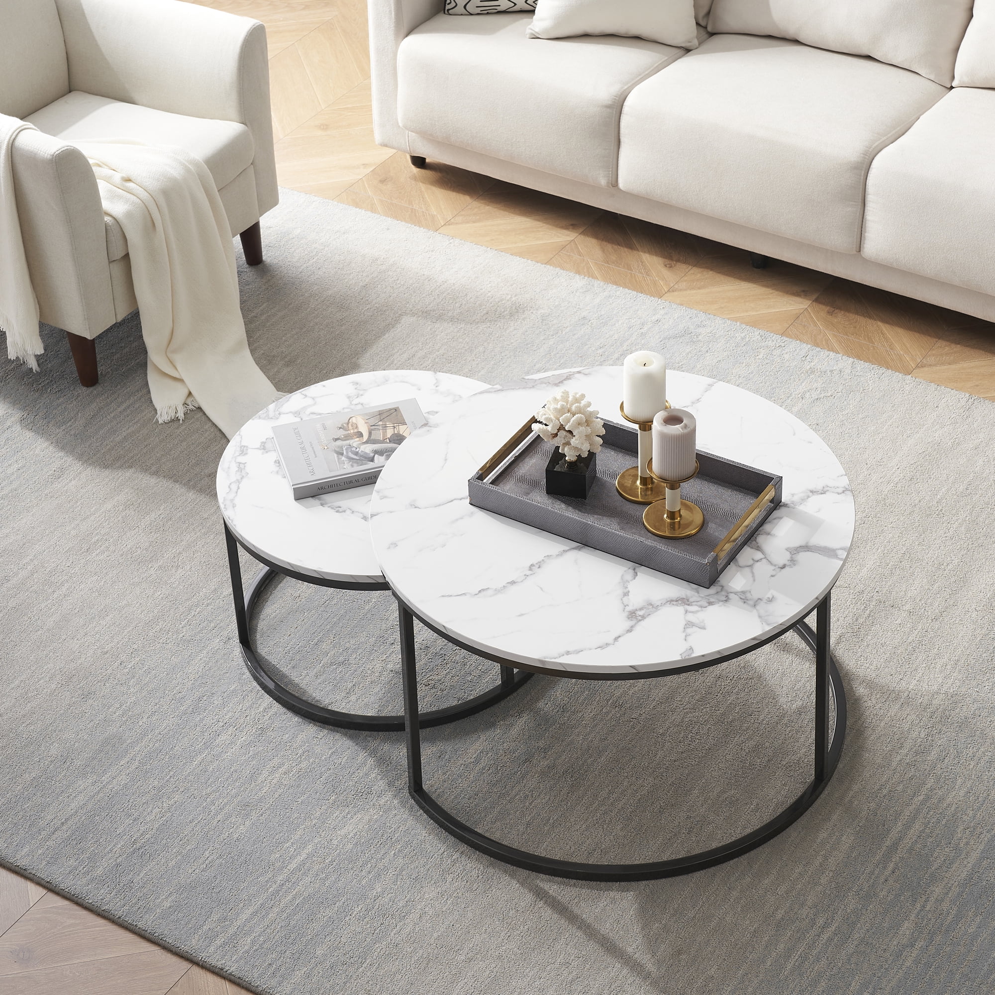 Modern Round Nesting Coffee Table Set with 31.5 in White Faux Marble Top and Gold Metal Legs Accent Wooden Stacking Side Tea Table for Living Room