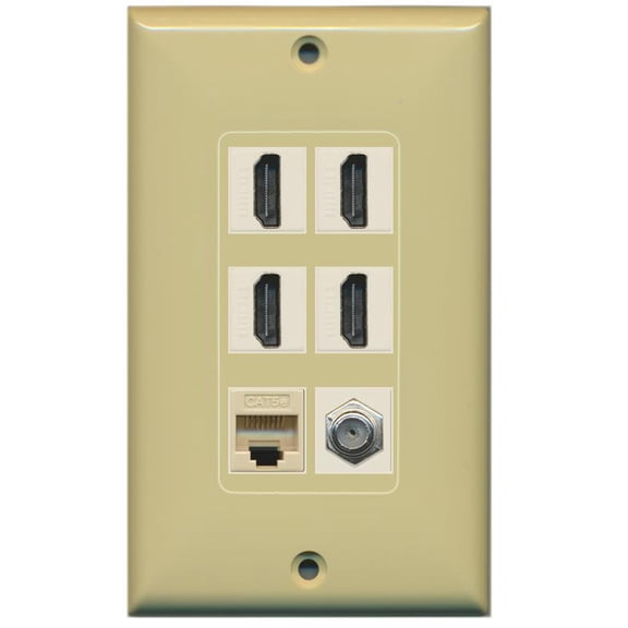 RiteAV - 4 x HDMI and 1 x Ethernet Cat5e and 1 x Coax Cable TV F Type Port Wall Plate - Ivory